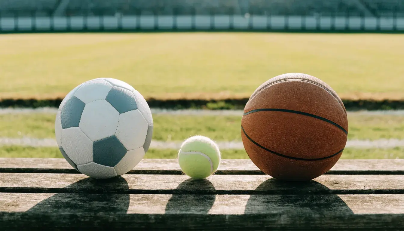 Três bolas de desportos diferentes alinhadas lado a lado num banco de madeira